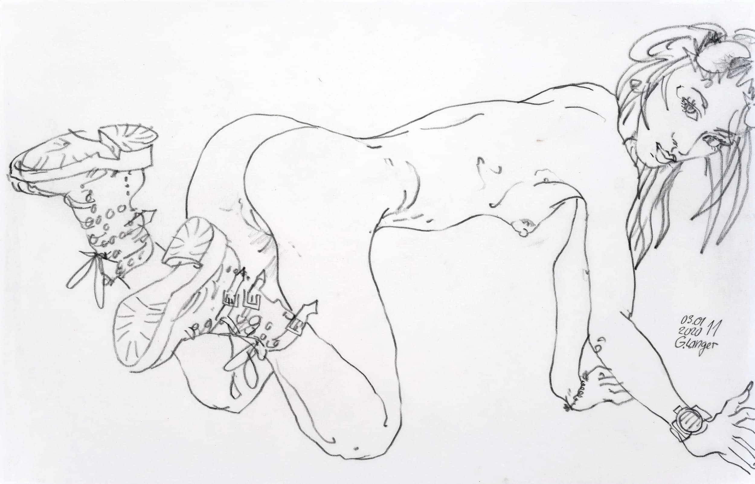 Gunter Langer, Kniender Mädchenakt mit Teufelshörnern und Schuhen, nach vorn übergebeugt, aufgestützt, 2020, Bleistiftzeichnung, Chinapapier, 45 x 70 cm